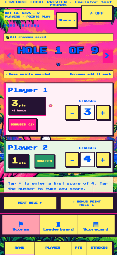 Every Second Friday score entry for two sample players, with strokes and bonus controls.