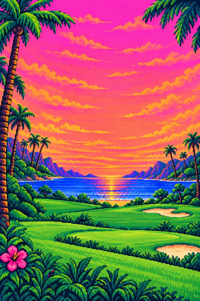 An 8-bit tropical golf course beneath a pink sunset, framed by palm trees.